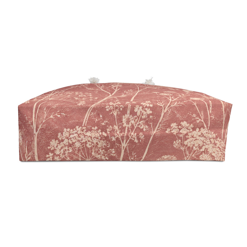 Botanical Dusty Rose Weekender Bag — interior lining view with the bag partially open, delicate wildflowers in a faded botanical sketch style on washed-rose exterior