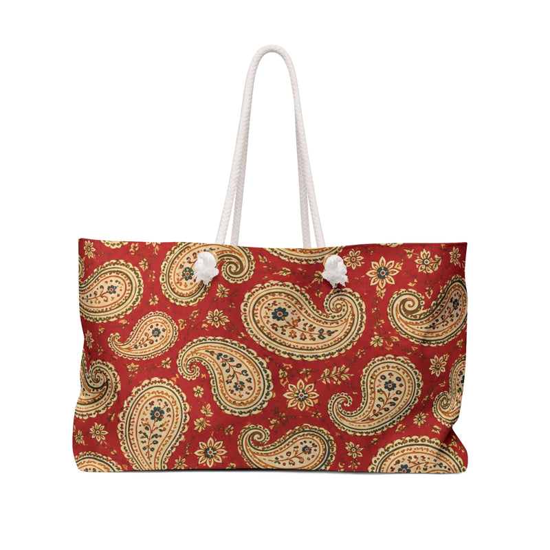 Paisley Weekender Bag in vintage red — front view showing the full paisley print and cream rope handles