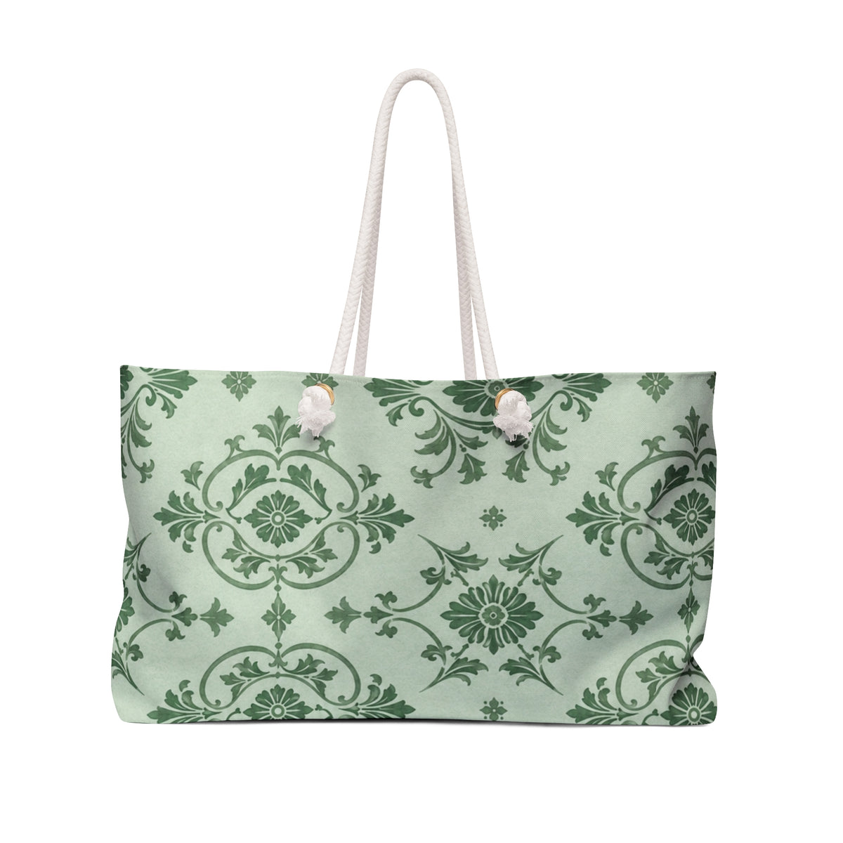 Green Damask Weekender Bag – front view showing the mint-green damask print