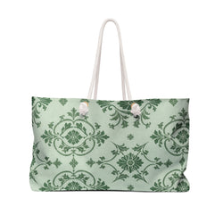 Green Damask Weekender Bag – front view showing the mint-green damask print