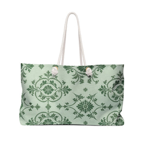 Green Damask Weekender Bag – front view showing the mint-green damask print