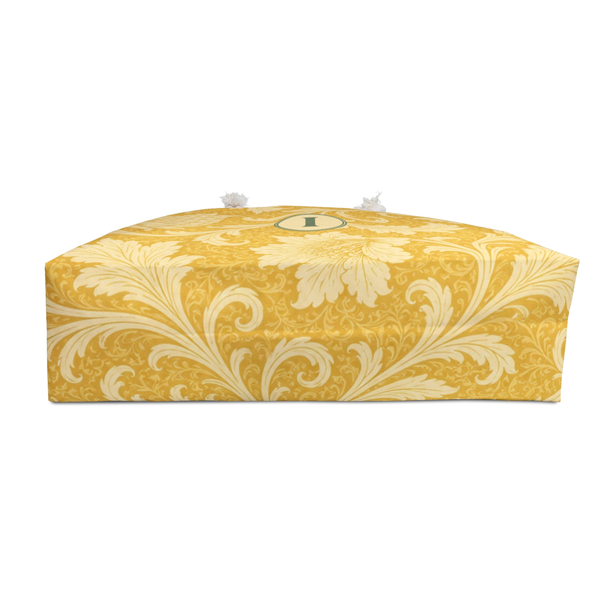 Monogrammed "I" Yellow Damask Weekender Bag – interior view showing the cream cotton-poly lining