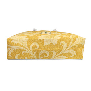 Monogrammed "I" Yellow Damask Weekender Bag – interior view showing the cream cotton-poly lining