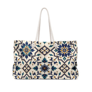 Moroccan Tile Weekender Bag (Blue & Teal) – side view highlighting the cream cotton rope handles and gold-tone grommets
