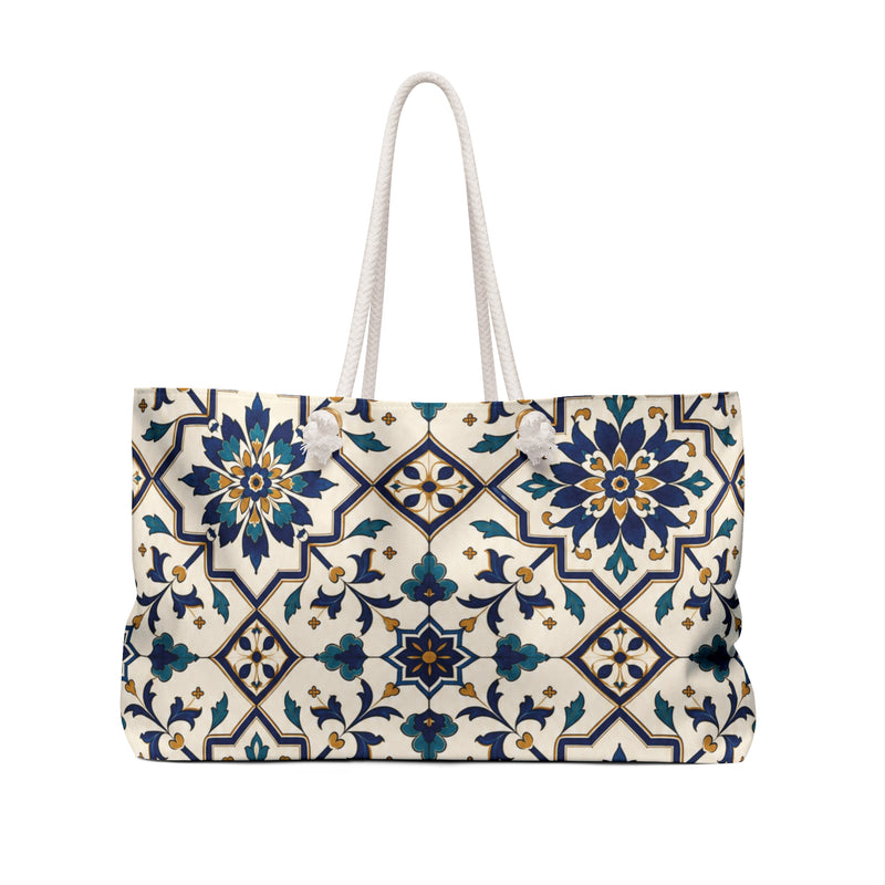 Moroccan Tile Weekender Bag (Blue & Teal) – side view highlighting the cream cotton rope handles and gold-tone grommets