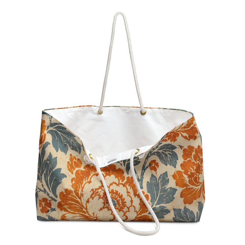 Floral Weekender Bag Vintage Orange Teal — close-up of the fabric print and hardware detail, rust-orange and teal vintage floral print