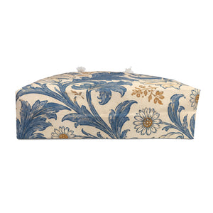 Floral Vintage Blue Weekender Bag — interior lining view with the bag partially open, painterly indigo-blue and cream floral print