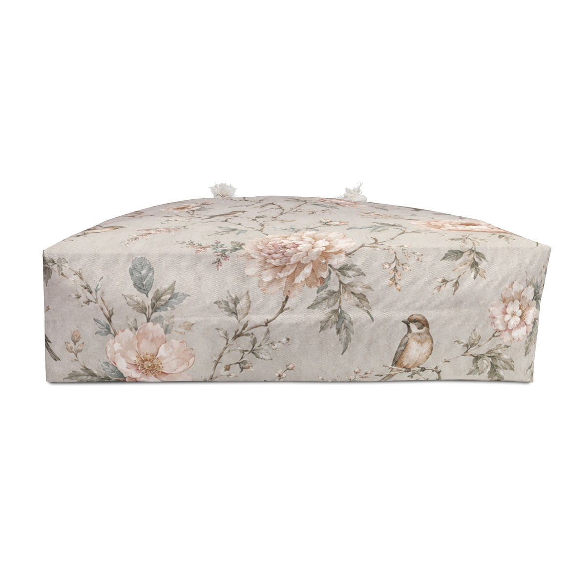 Floral Bird Weekender Bag flat lay, full vintage rose and songbird print detail