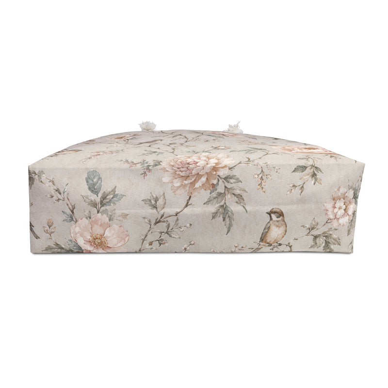 Floral Bird Weekender Bag flat lay, full vintage rose and songbird print detail