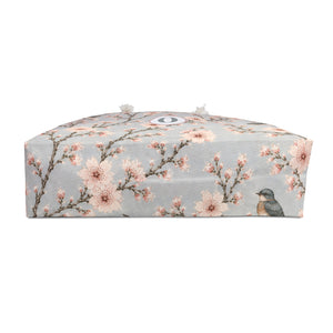 Cherry Blossom & Swallow Monogram Weekender Bag shown flat, highlighting the roomy T-bottom silhouette