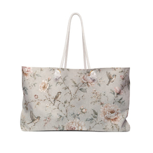 Floral Bird Weekender Bag in vintage rose print — front view