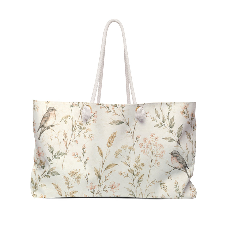 Floral Bird Weekender Bag — front view showing watercolor floral sprigs and songbirds on cream fabric
