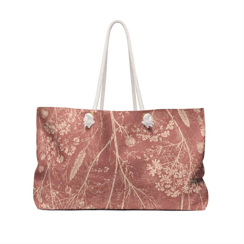 Floral Monogram "F" Weekender Bag – side view highlighting the cream cotton rope handles and gold-tone grommets
