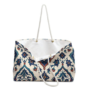 Moroccan Tile Weekender Bag – close-up detail of the tilework print and structured T-bottom