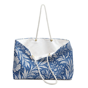 Blue Floral Weekender Bag – close-up detail of the botanical floral print and T-bottom construction