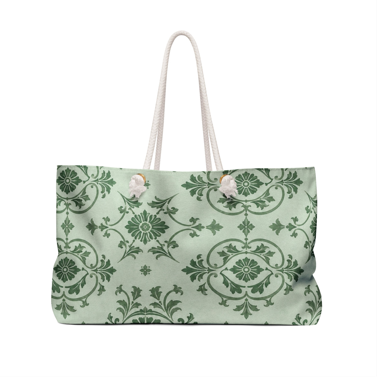 Green Damask Weekender Bag – side view highlighting the cream cotton rope handles and gold-tone grommets