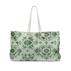 Green Damask Weekender Bag – side view highlighting the cream cotton rope handles and gold-tone grommets