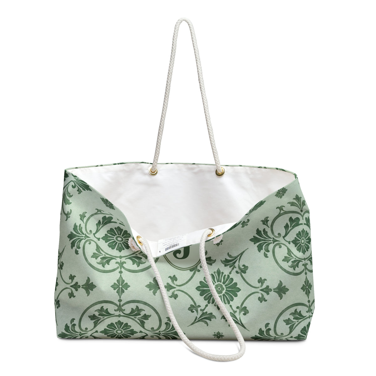 Monogrammed "J" Green Damask Weekender Bag – close-up detail of the discreet monogrammed "J" on the sage damask print