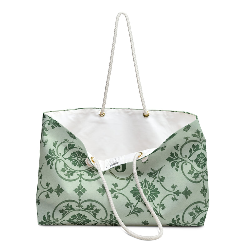 Monogrammed "J" Green Damask Weekender Bag – close-up detail of the discreet monogrammed "J" on the sage damask print