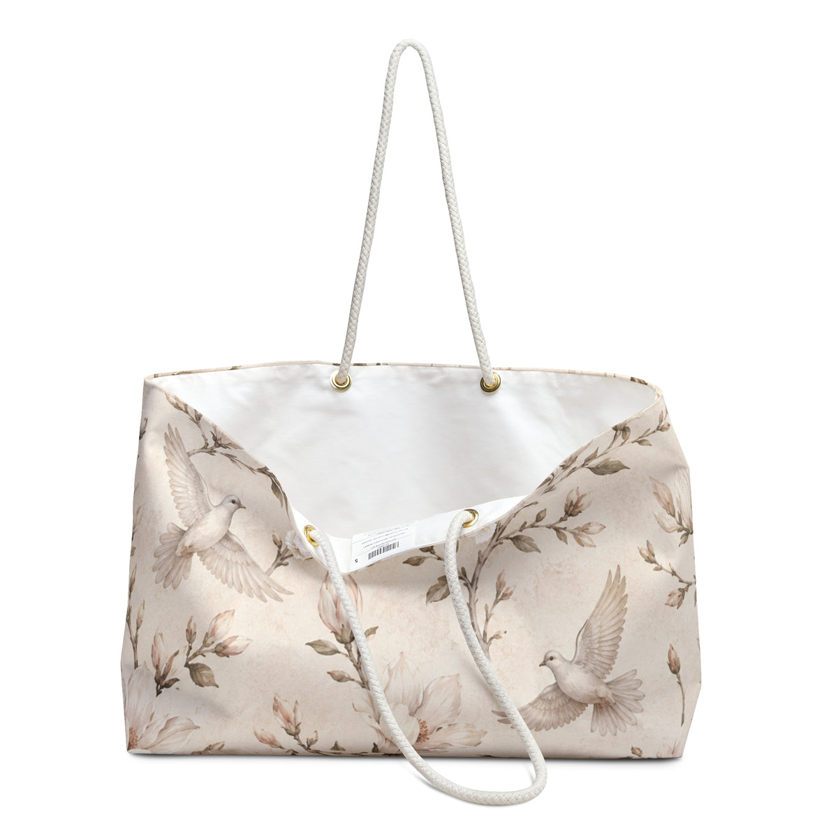 Floral Dove Weekender Bag styled for a coastal cottage stay or garden stroll