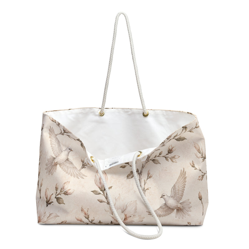 Floral Dove Weekender Bag styled for a coastal cottage stay or garden stroll