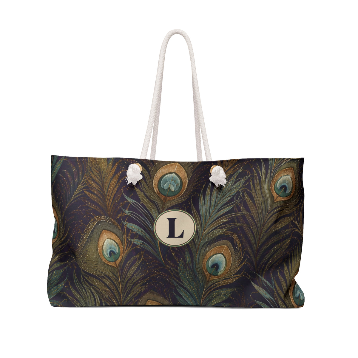 Peacock Feather Monogram Weekender Bag — front view showing the teal and gold feather print and "L" monogram