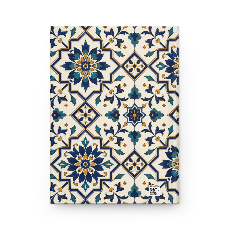 Blue Floral Tile Hardcover Journal opened flat, showing lined interior pages