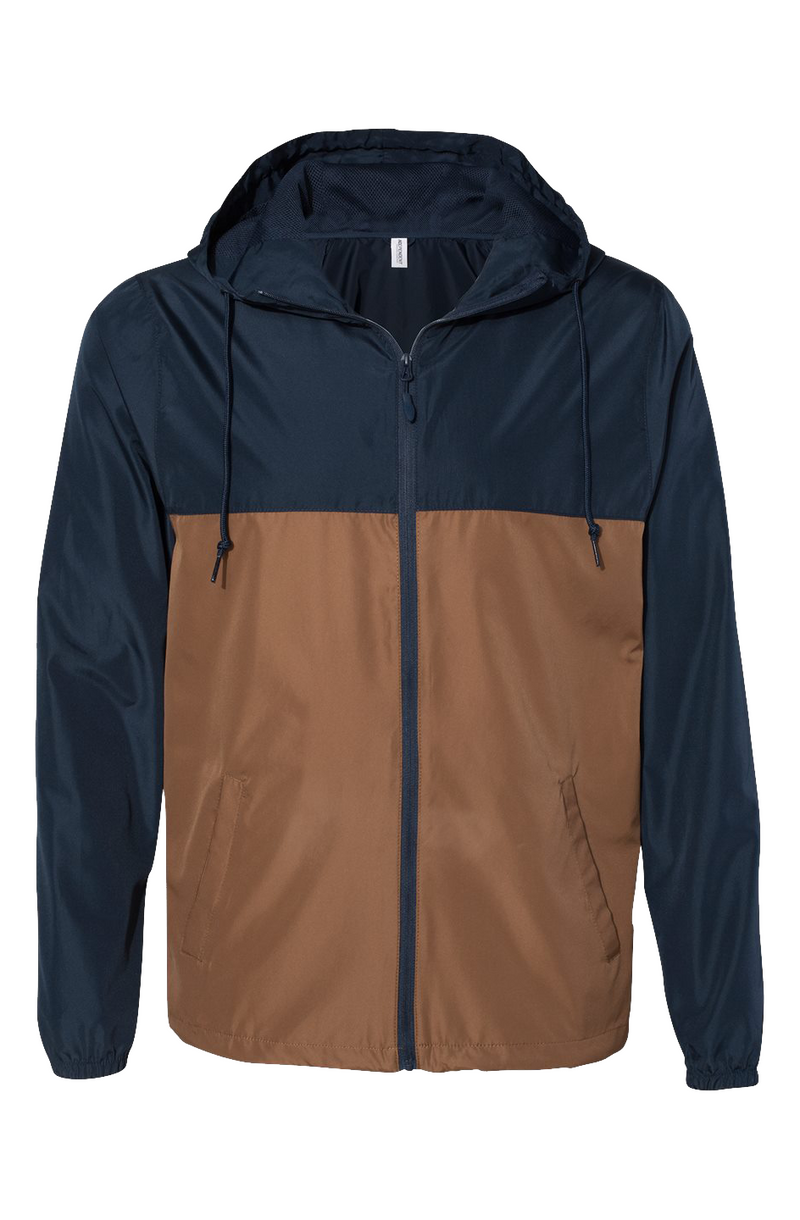 Classic Navy Saddle Windbreaker in Classic Navy/Saddle, front view on model