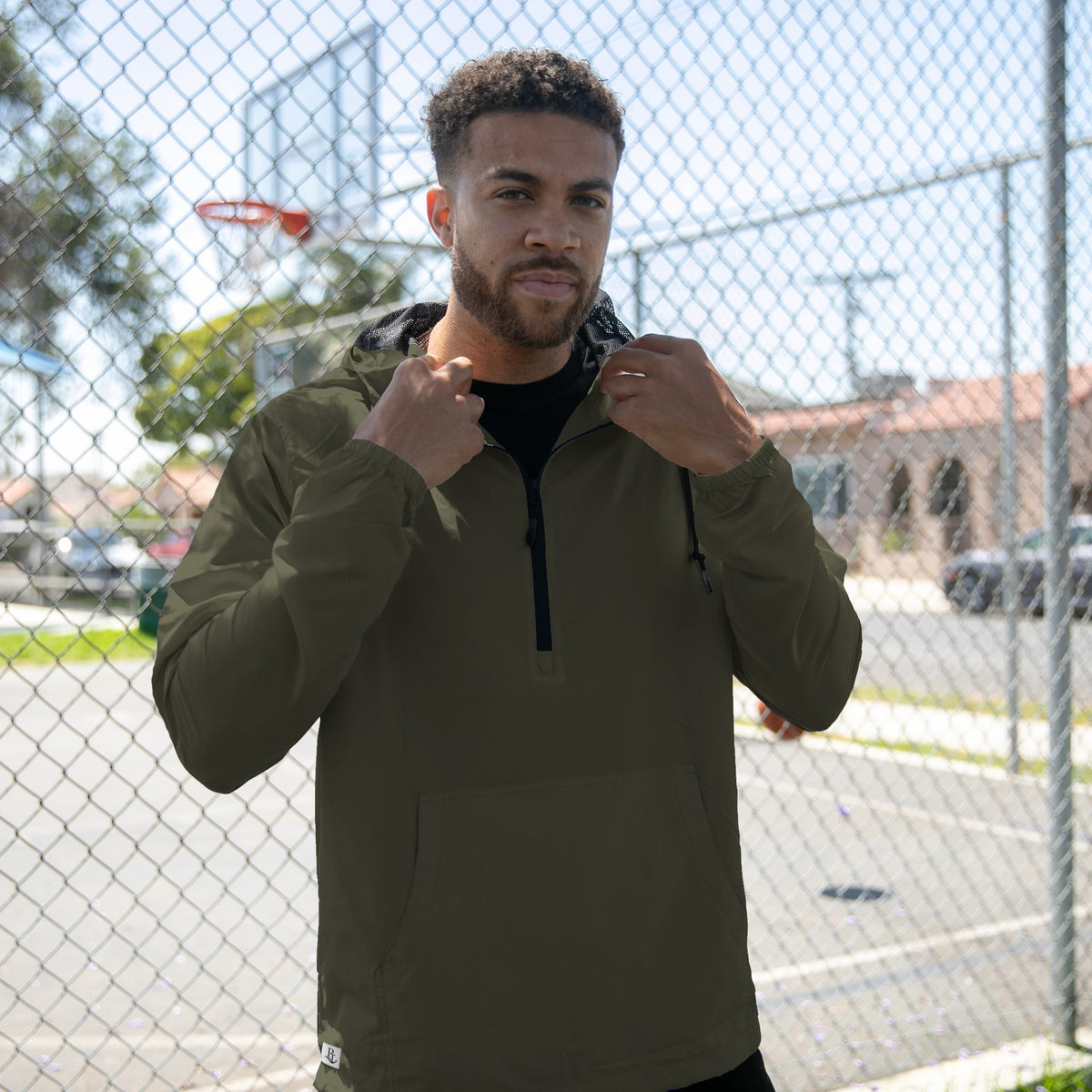 Army Black Half-Zip Anorak in Army/Black, back view on model