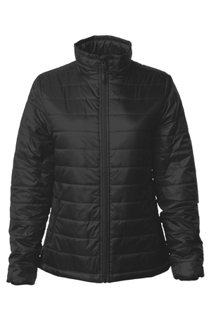 Women's Puffer Jacket in Black, front view on model