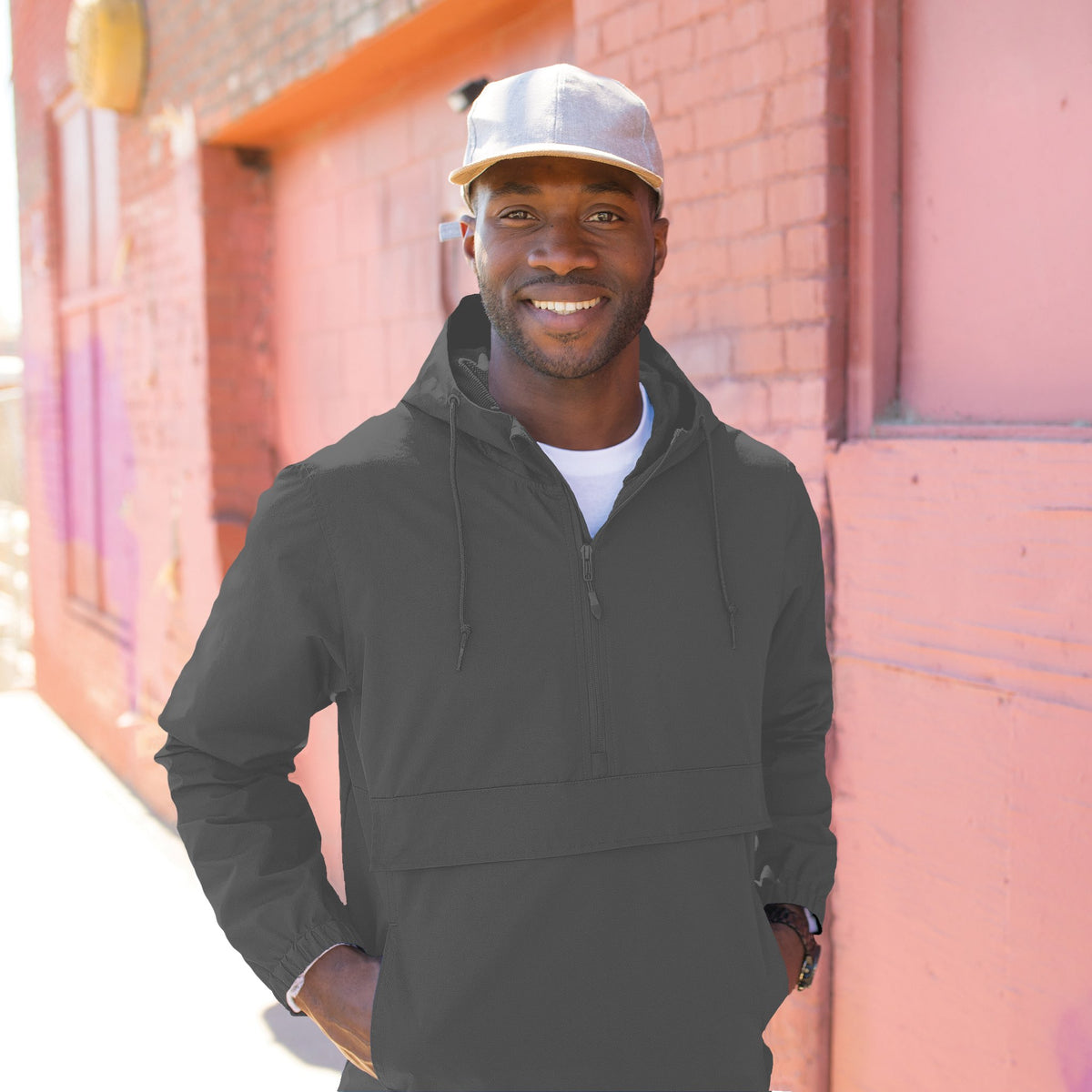 Water-Resistant Anorak Jacket in Graphite, side pocket detail close-up