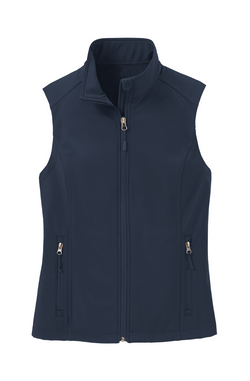 Women's Soft Shell Vest in Dress Blue Navy, front view on model