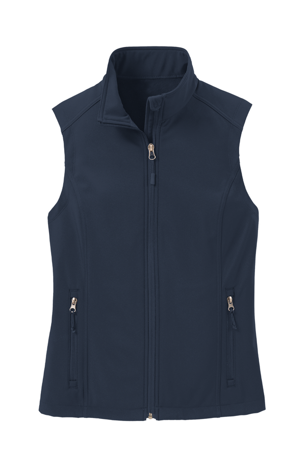 Women's Soft Shell Vest in Dress Blue Navy, front view on model