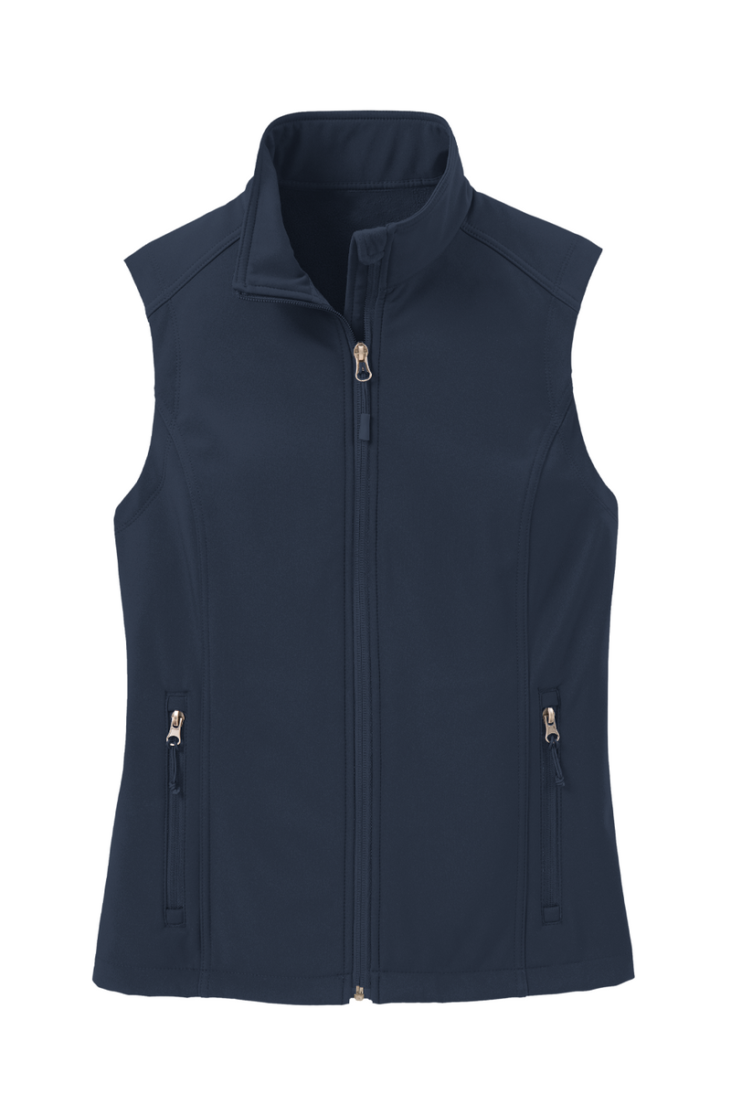 Women's Soft Shell Vest in Dress Blue Navy, front view on model