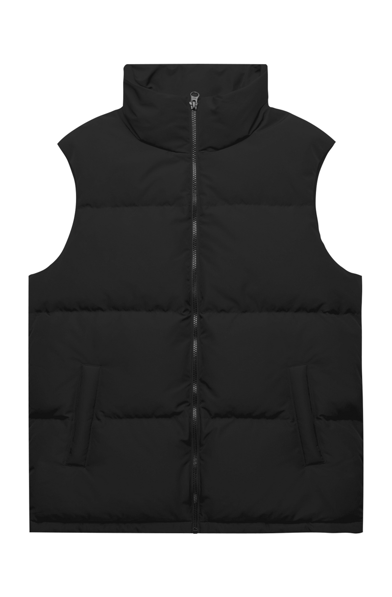 Men's Puffer Vest Jacket in Black, front view on model