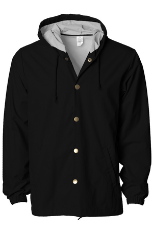 Water-Resistant Hooded Windbreaker in Black, front view on model