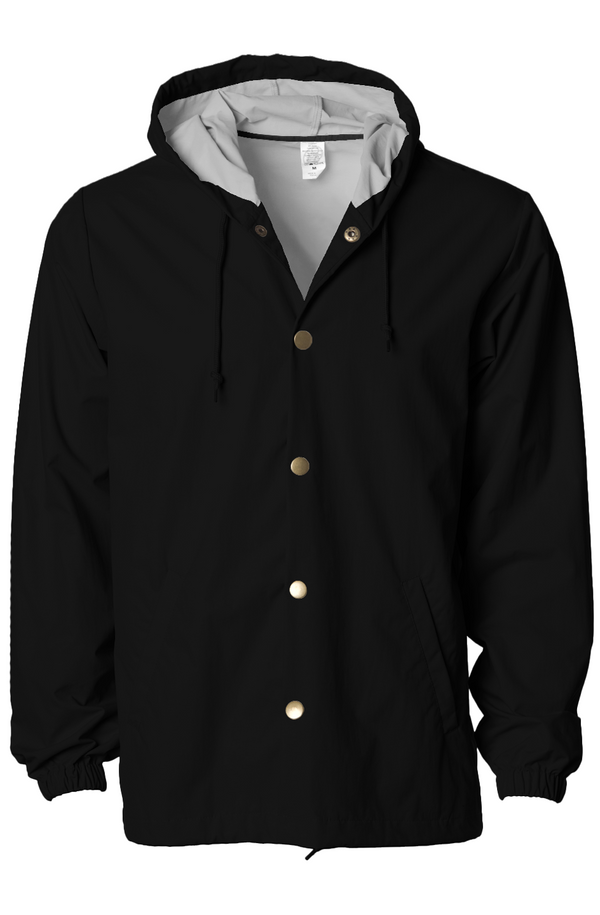 Water-Resistant Hooded Windbreaker in Black, front view on model