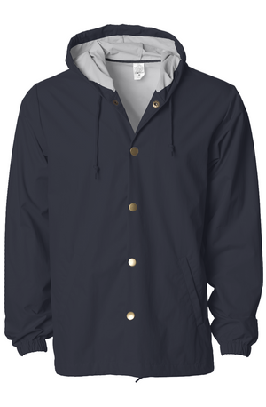 Water-Resistant Hooded Windbreaker in Classic Navy, front view on model
