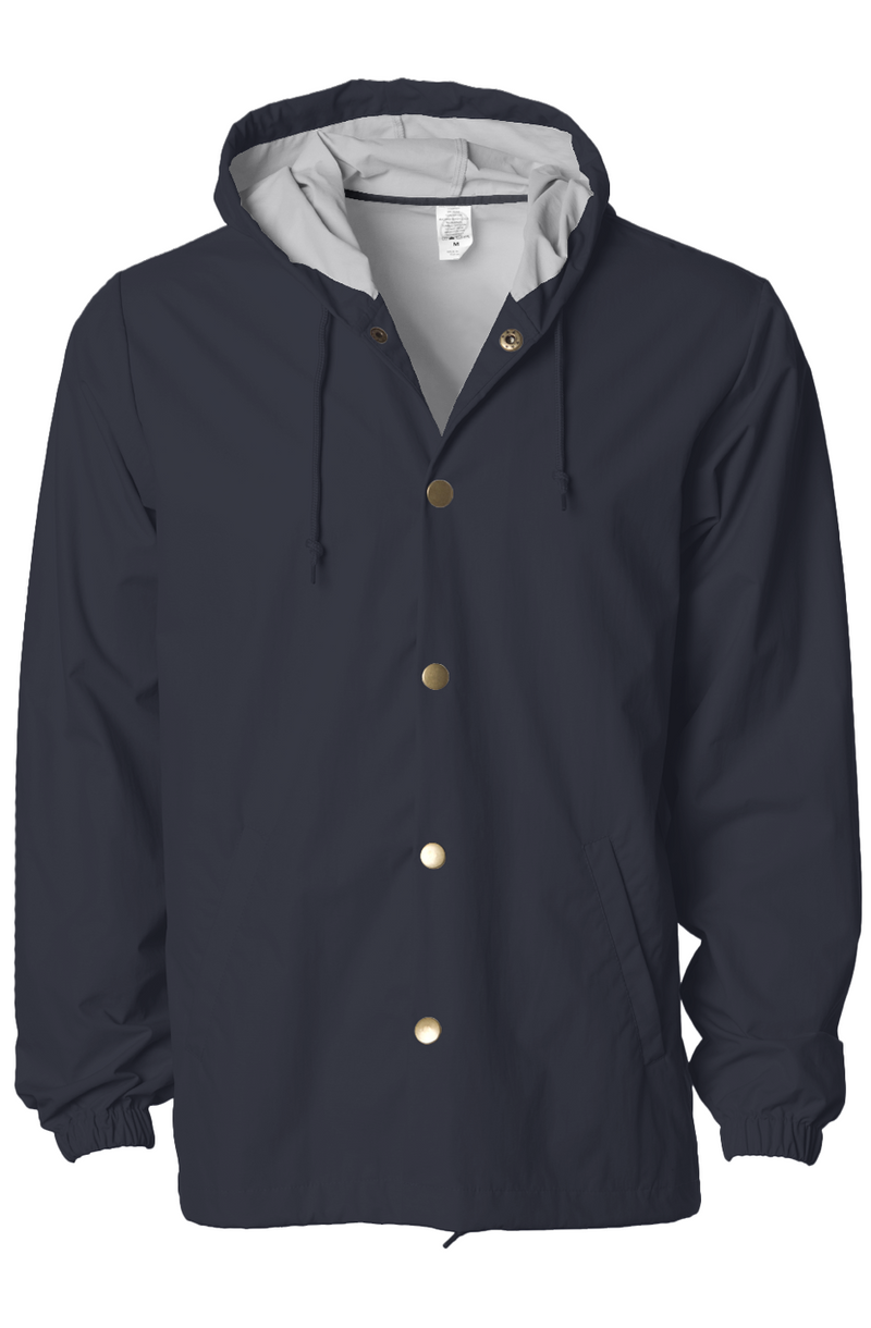 Water-Resistant Hooded Windbreaker in Classic Navy, front view on model