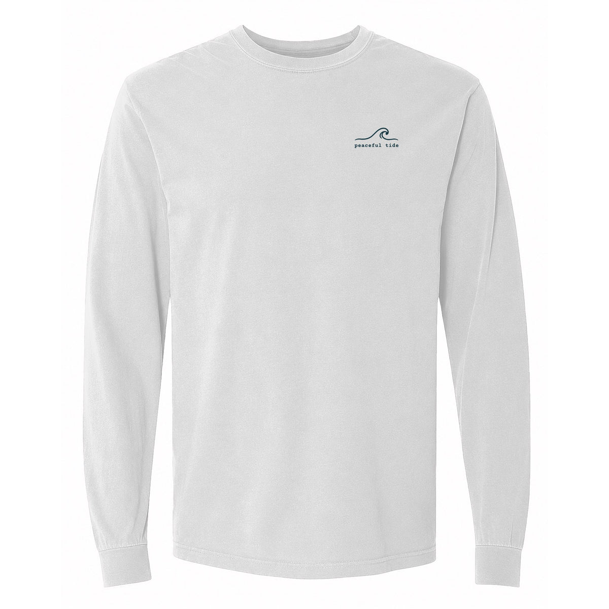 Breathe In, Let Go Long Sleeve Tee in White, front view on model