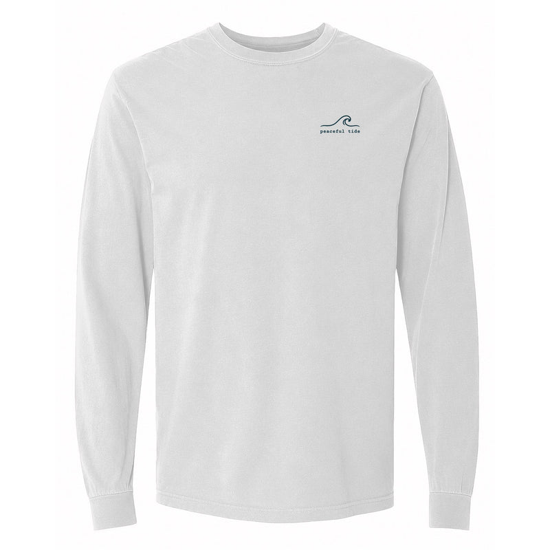 Breathe In, Let Go Long Sleeve Tee in White, front view on model