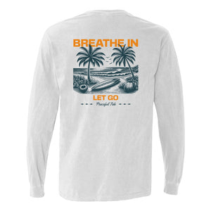 Breathe In, Let Go Long Sleeve Tee in White, folded flat