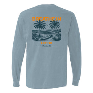 Breathe In, Let Go Long Sleeve Tee in Ice Blue, folded flat