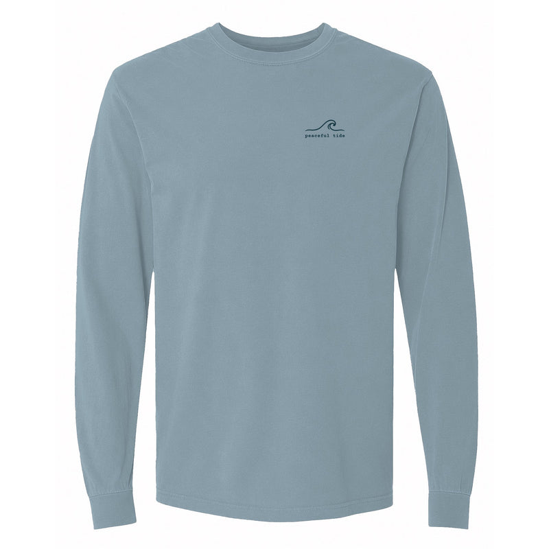 Still Waters Run Deep Long Sleeve Tee in Ice Blue, front view on model