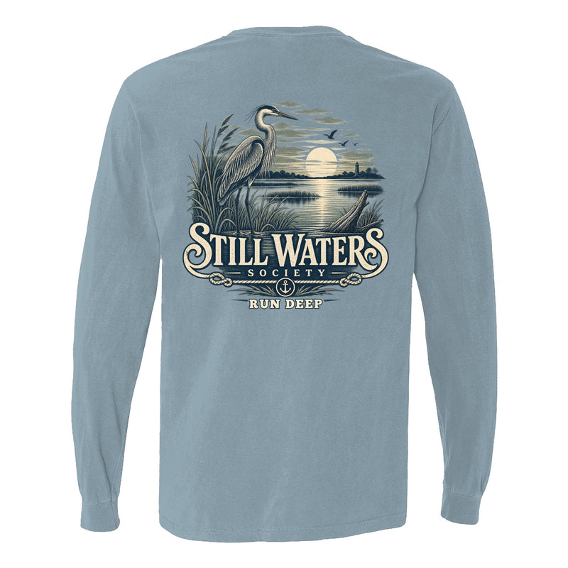 Still Waters Run Deep Long Sleeve Tee in Ice Blue, folded flat