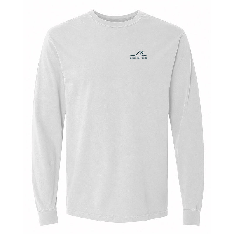 Still Waters Run Deep Long Sleeve Tee in White, front view on model
