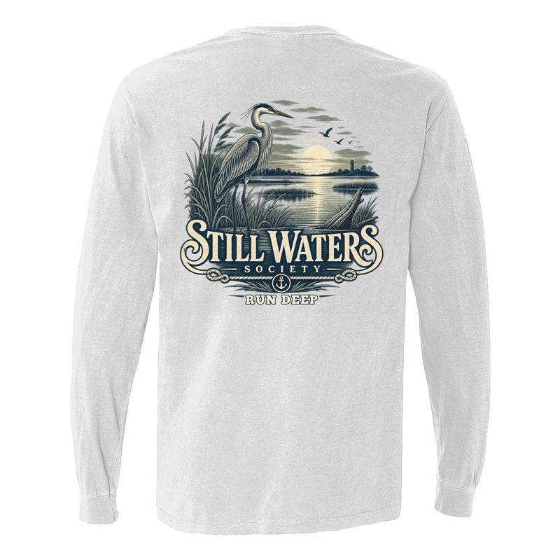 Still Waters Run Deep Long Sleeve Tee in White, folded flat