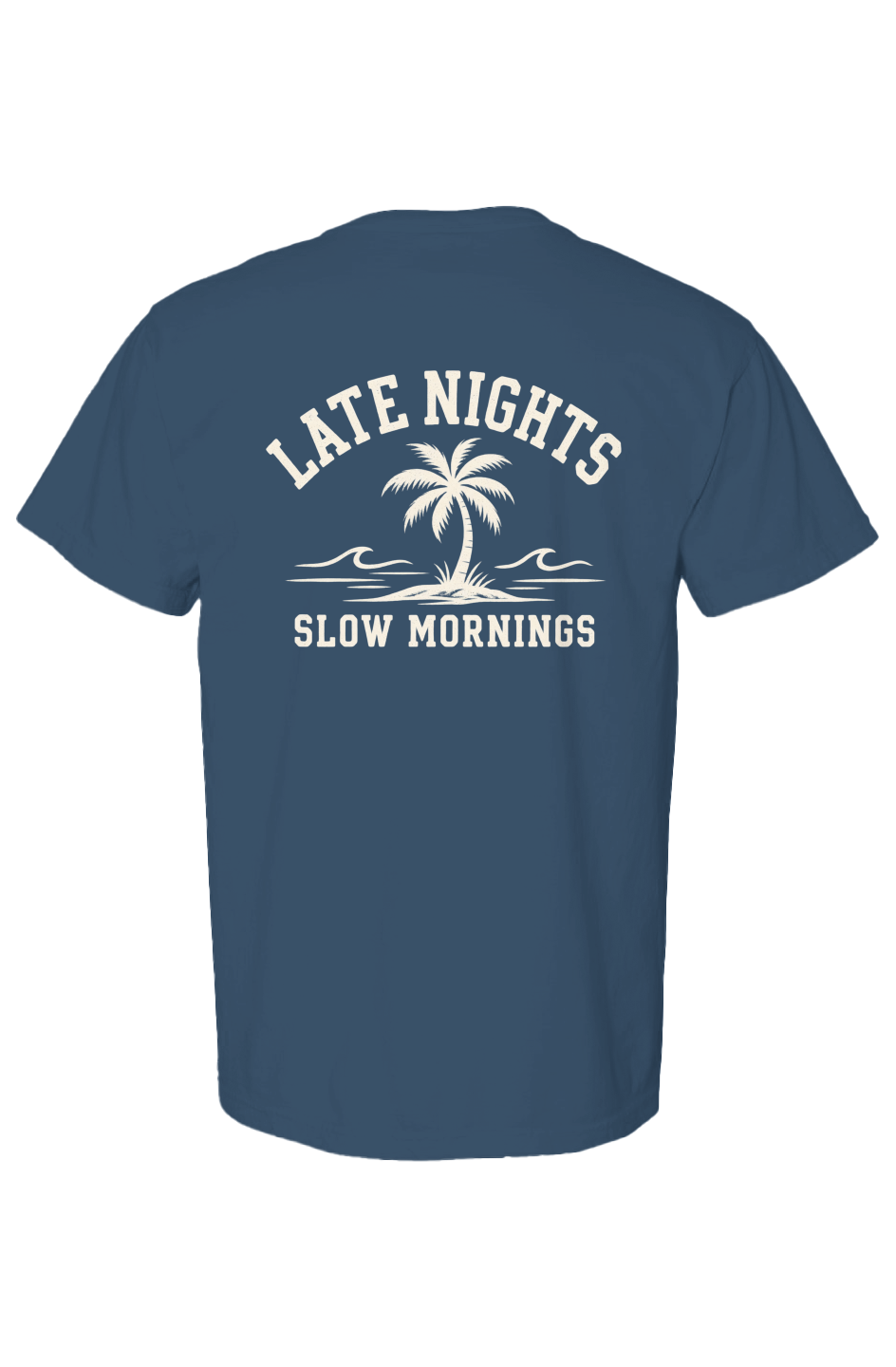 Late Nights and Slow Mornings Tee in Midnight, folded flat
