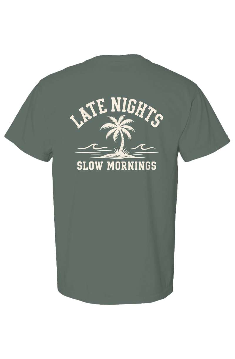 Late Nights and Slow Mornings Tee in Blue Spruce, folded flat
