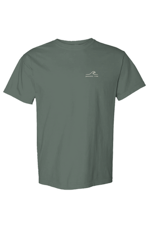 Late Nights and Slow Mornings Tee in Blue Spruce, front view on model
